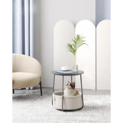 Small Round Side End Table Modern Nightstand With Fabric Basket