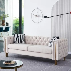 84" Mid-century Modern Couch Lounge Sofa Comfy Upholstered Deep Seat Sofa,Tufted Velvet 3 Seater Sofa Couch With Metal Legs-Cuddlewood