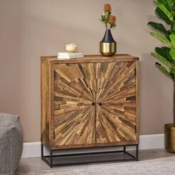 Orem Handcrafted Boho Wooden 2 Door Cabinet Natural/Black - Christopher Knight Home: Artisan Storage, Iron Frame