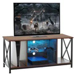 KSWIN Entertainment Gaming Center Media Console TV Stand For 50 Inch TV With Open Shelves And RGB LED Strip Lights, Rustic Brown