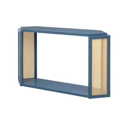 54"W Console Table Entryway Table Accent Table With Rattan Side, Open Shelf And Unique Arrow-Shaped Design, Antique Blue/Black-ModernLuxe - Image 8