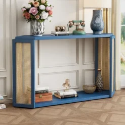 54"W Console Table Entryway Table Accent Table With Rattan Side, Open Shelf And Unique Arrow-Shaped Design, Antique Blue/Black-ModernLuxe