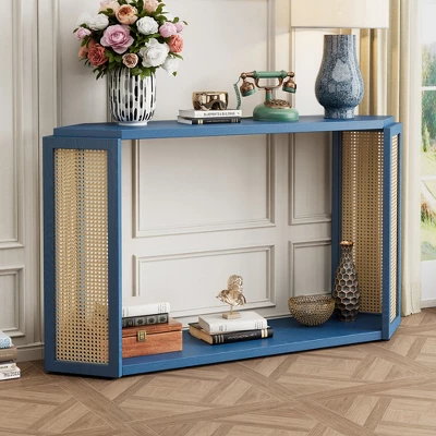 54"W Console Table Entryway Table Accent Table With Rattan Side, Open Shelf And Unique Arrow-Shaped Design, Antique Blue/Black-ModernLuxe
