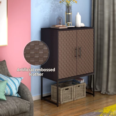 Arina 2 Door Leatherette With Bands Weaving Vision High Accent Cabinet With Adjustable Shelf - The Pop Maison - Image 2