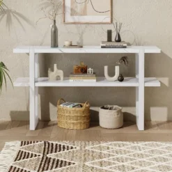 54"W Retro Elegant Console Table With Marble-Effect Top And Versatile Storage Solutions For Entryway 4S - ModernLuxe