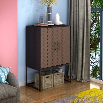 Arina 2 Door Leatherette With Bands Weaving Vision High Accent Cabinet With Adjustable Shelf - The Pop Maison