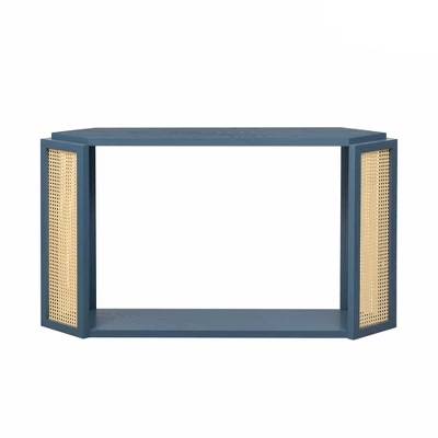 54"W Console Table Entryway Table Accent Table With Rattan Side, Open Shelf And Unique Arrow-Shaped Design, Antique Blue/Black-ModernLuxe - Image 7