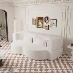 78" Convertible 2 Seater Sofa Bed Couch Twin Bed Sleeper Sofa With 2 Pillows Teddy Fabric Foam-Filled Floor Sofa Couch-Cuddlewood