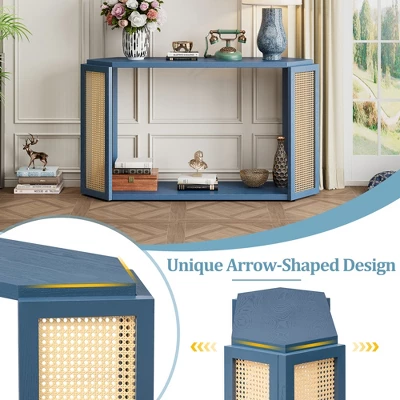 54"W Console Table Entryway Table Accent Table With Rattan Side, Open Shelf And Unique Arrow-Shaped Design, Antique Blue/Black-ModernLuxe - Image 4